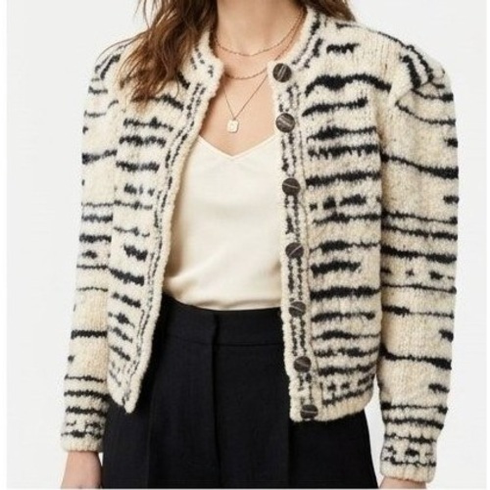 Ulla Johnson Skye Zebra Cardigan Merino Wool Puff Sleeve Sweater M Black White